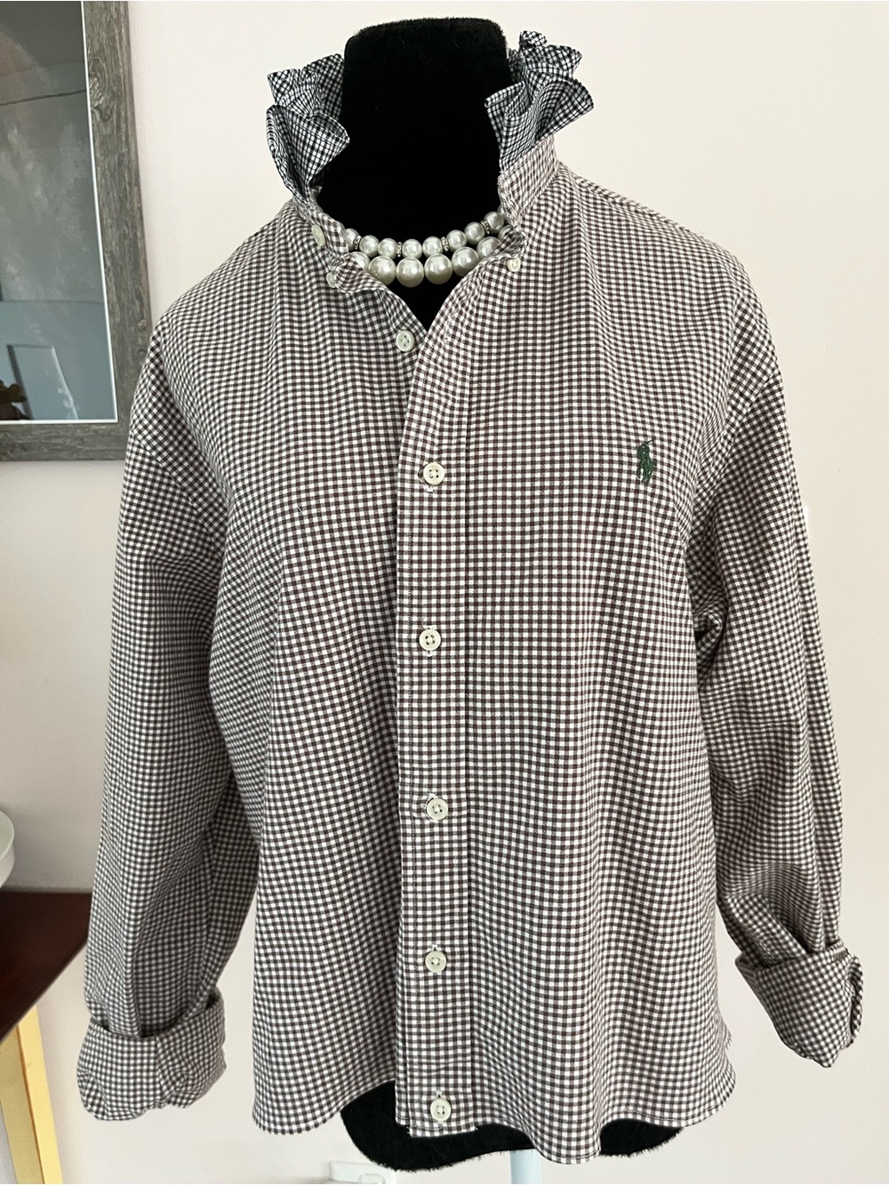 Upcycled Ralph Lauren Brown and White Gingham Button-Down Ruffle Collar - Picture 2 of 6